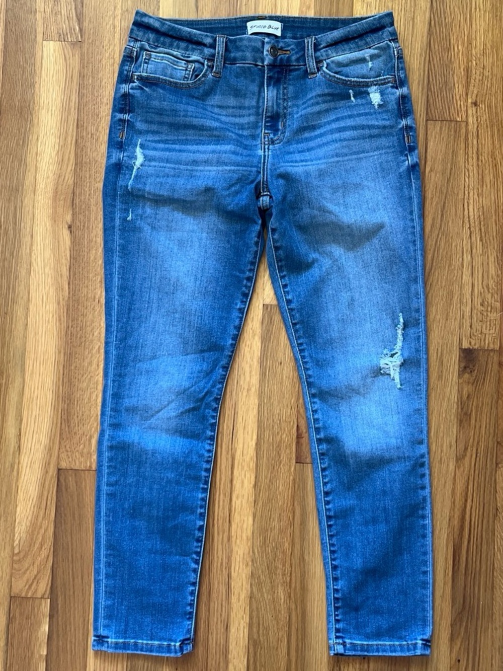 Studio Blue Distressed Mid Wash Women's Skinny Jeans - Blue